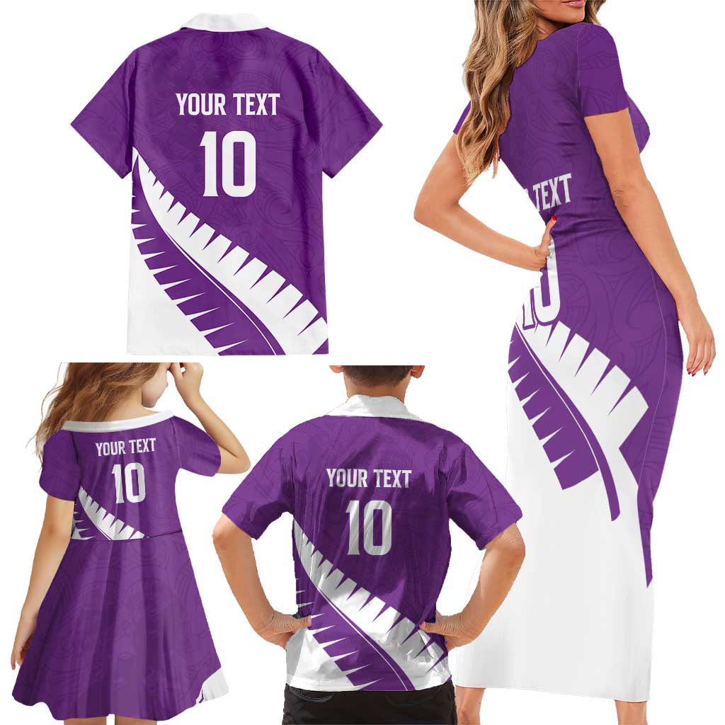 Custom New Zealand Cricket Family Matching Short Sleeve Bodycon Dress and Hawaiian Shirt Kiwi Birds Haka Dance Purple Fern Sporty Style