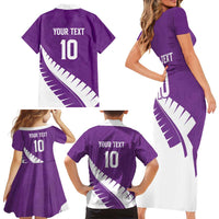 Custom New Zealand Cricket Family Matching Short Sleeve Bodycon Dress and Hawaiian Shirt Kiwi Birds Haka Dance Purple Fern Sporty Style