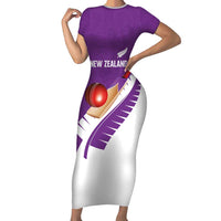 Custom New Zealand Cricket Family Matching Short Sleeve Bodycon Dress and Hawaiian Shirt Kiwi Birds Haka Dance Purple Fern Sporty Style