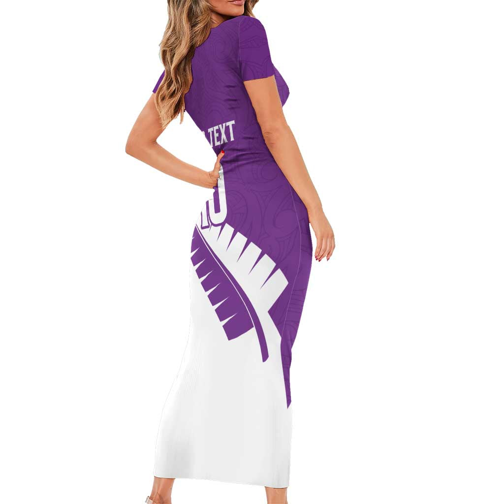 Custom New Zealand Cricket Family Matching Short Sleeve Bodycon Dress and Hawaiian Shirt Kiwi Birds Haka Dance Purple Fern Sporty Style