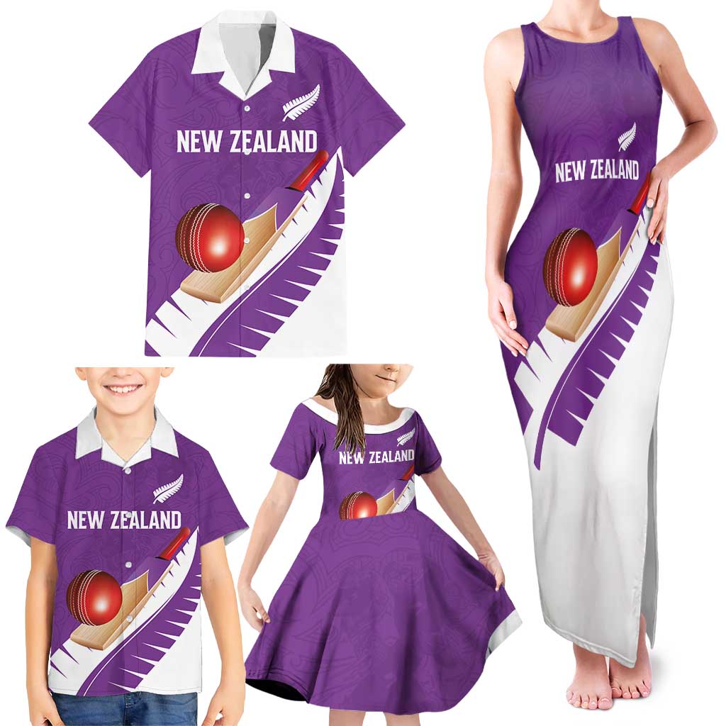 Custom New Zealand Cricket Family Matching Tank Maxi Dress and Hawaiian Shirt Kiwi Birds Haka Dance Purple Fern Sporty Style LT03 - Polynesian Pride