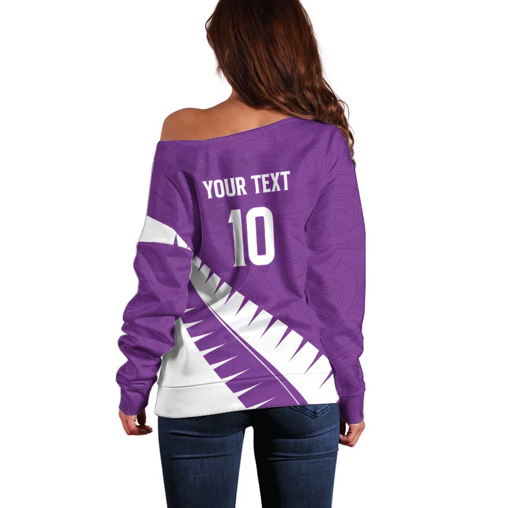 Custom New Zealand Cricket Off Shoulder Sweater Kiwi Birds Haka Dance Purple Fern Sporty Style