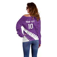 Custom New Zealand Cricket Off Shoulder Sweater Kiwi Birds Haka Dance Purple Fern Sporty Style