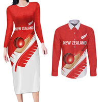 Custom New Zealand Cricket Couples Matching Long Sleeve Bodycon Dress and Long Sleeve Button Shirt Kiwi Birds Haka Dance Red Fern Sporty Style