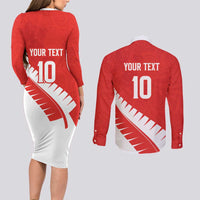 Custom New Zealand Cricket Couples Matching Long Sleeve Bodycon Dress and Long Sleeve Button Shirt Kiwi Birds Haka Dance Red Fern Sporty Style