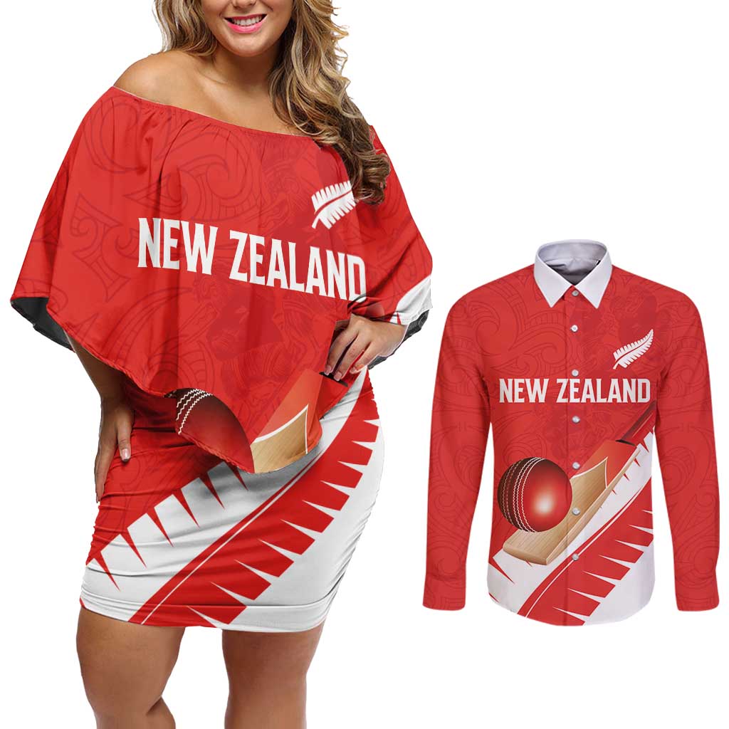 Custom New Zealand Cricket Couples Matching Off Shoulder Short Dress and Long Sleeve Button Shirt Kiwi Birds Haka Dance Red Fern Sporty Style