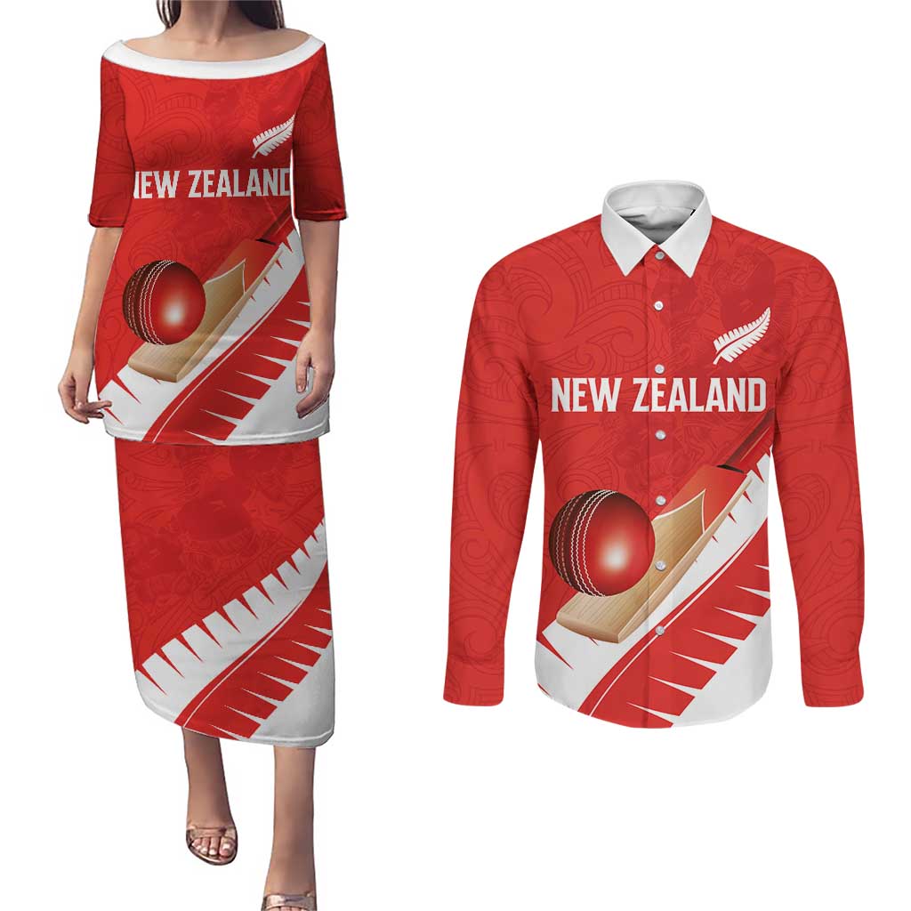 Custom New Zealand Cricket Couples Matching Puletasi and Long Sleeve Button Shirt Kiwi Birds Haka Dance Red Fern Sporty Style