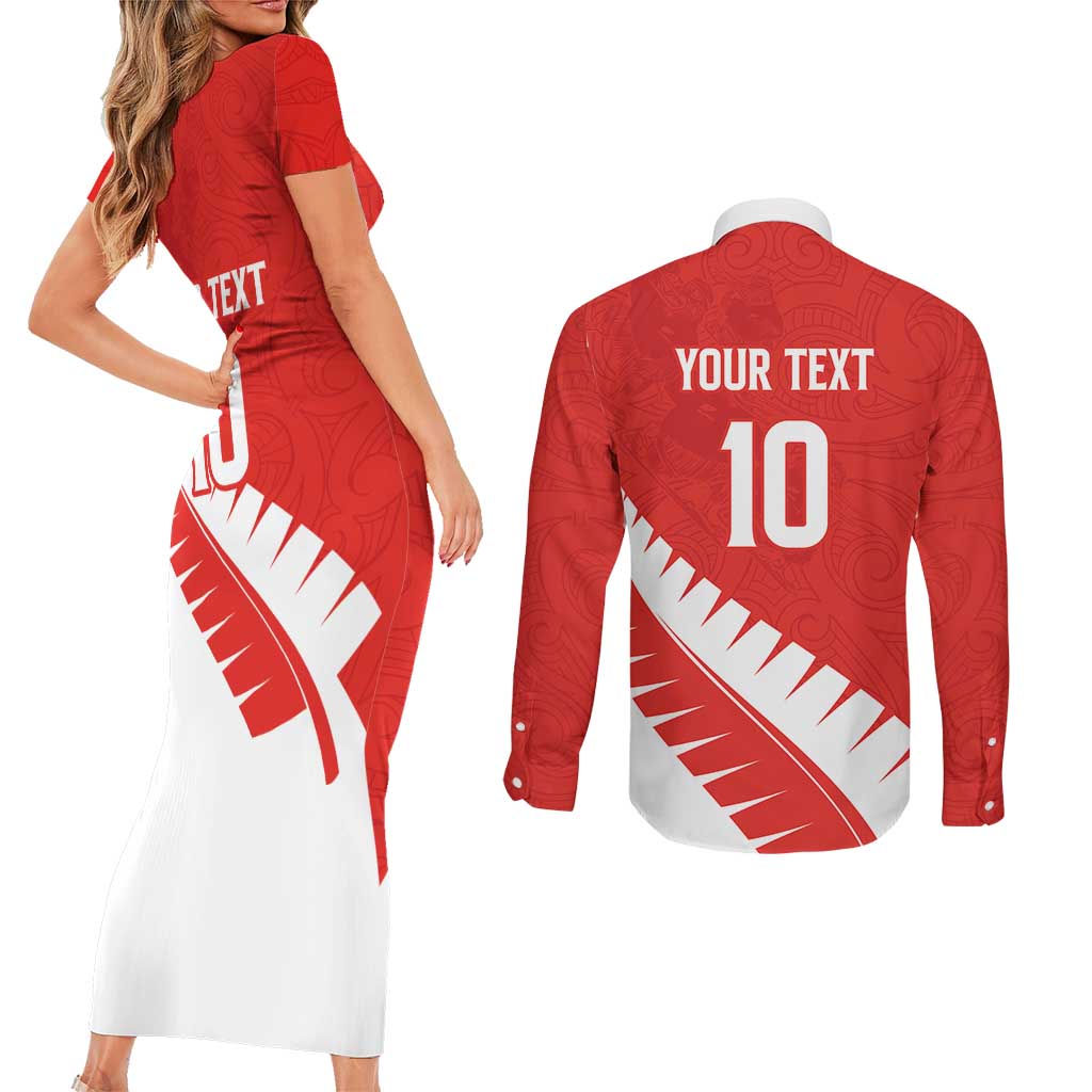 Custom New Zealand Cricket Couples Matching Short Sleeve Bodycon Dress and Long Sleeve Button Shirt Kiwi Birds Haka Dance Red Fern Sporty Style