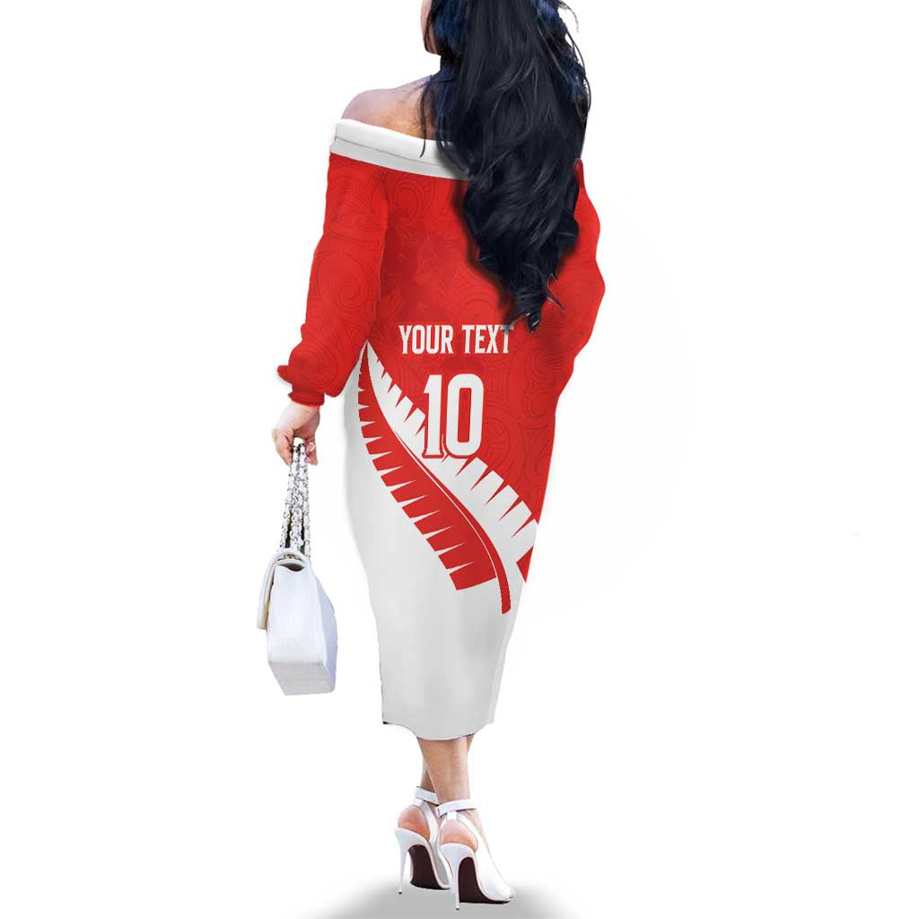 Custom New Zealand Cricket Family Matching Off The Shoulder Long Sleeve Dress and Hawaiian Shirt Kiwi Birds Haka Dance Red Fern Sporty Style