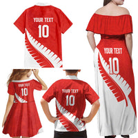 Custom New Zealand Cricket Family Matching Off Shoulder Maxi Dress and Hawaiian Shirt Kiwi Birds Haka Dance Red Fern Sporty Style