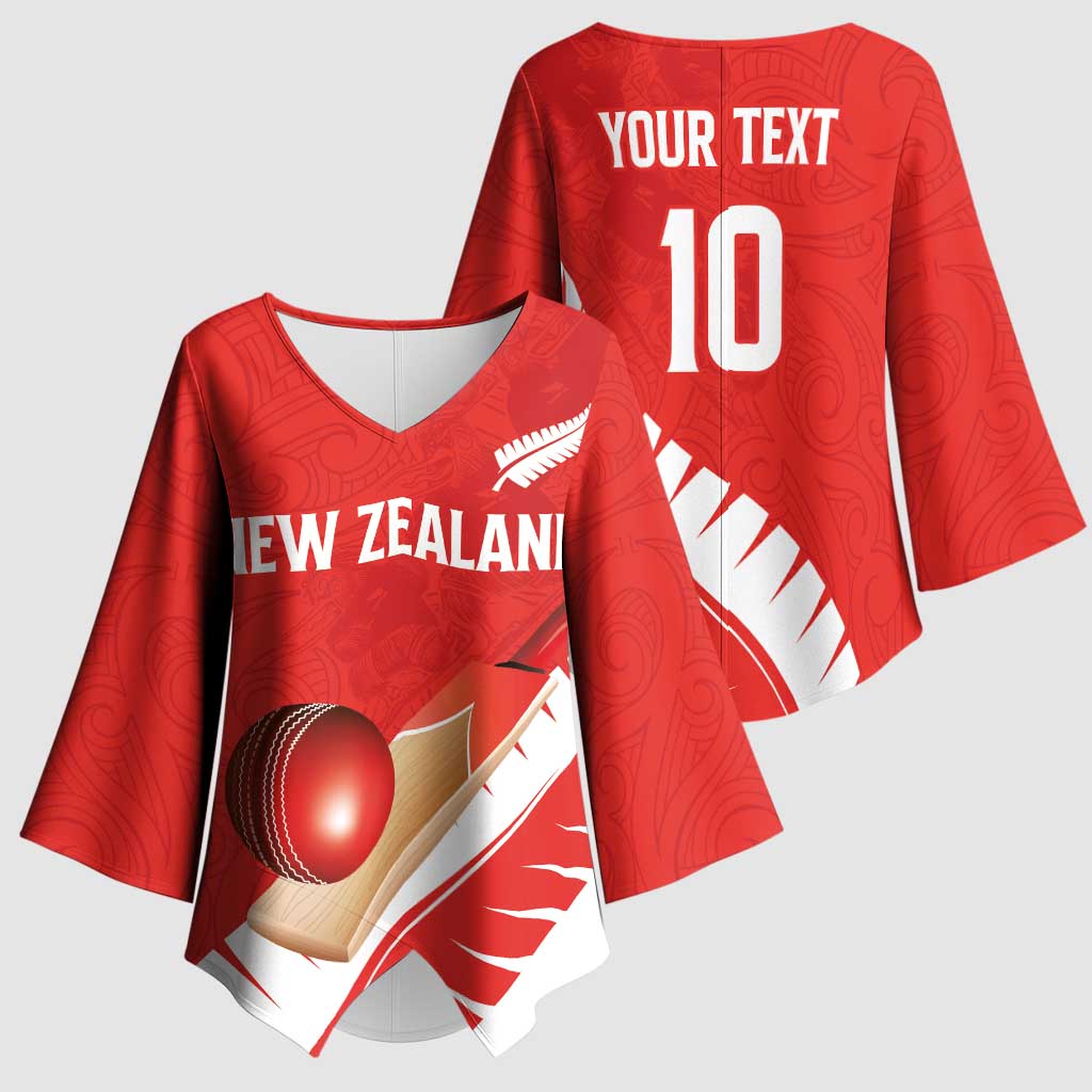 Custom New Zealand Cricket Kimono Sleeve Blouse Kiwi Birds Haka Dance Red Fern Sporty Style