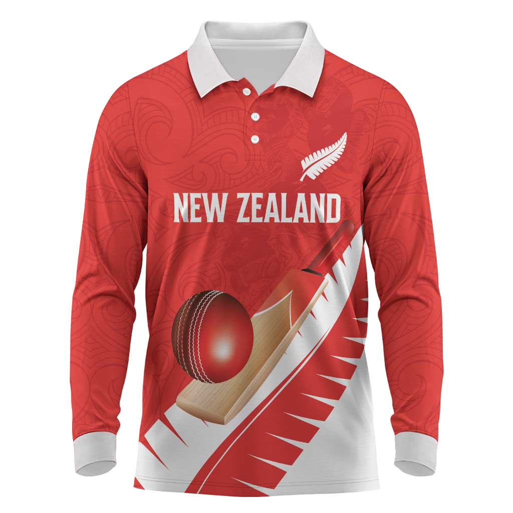 Custom New Zealand Cricket Long Sleeve Polo Shirt Kiwi Birds Haka Dance Red Fern Sporty Style