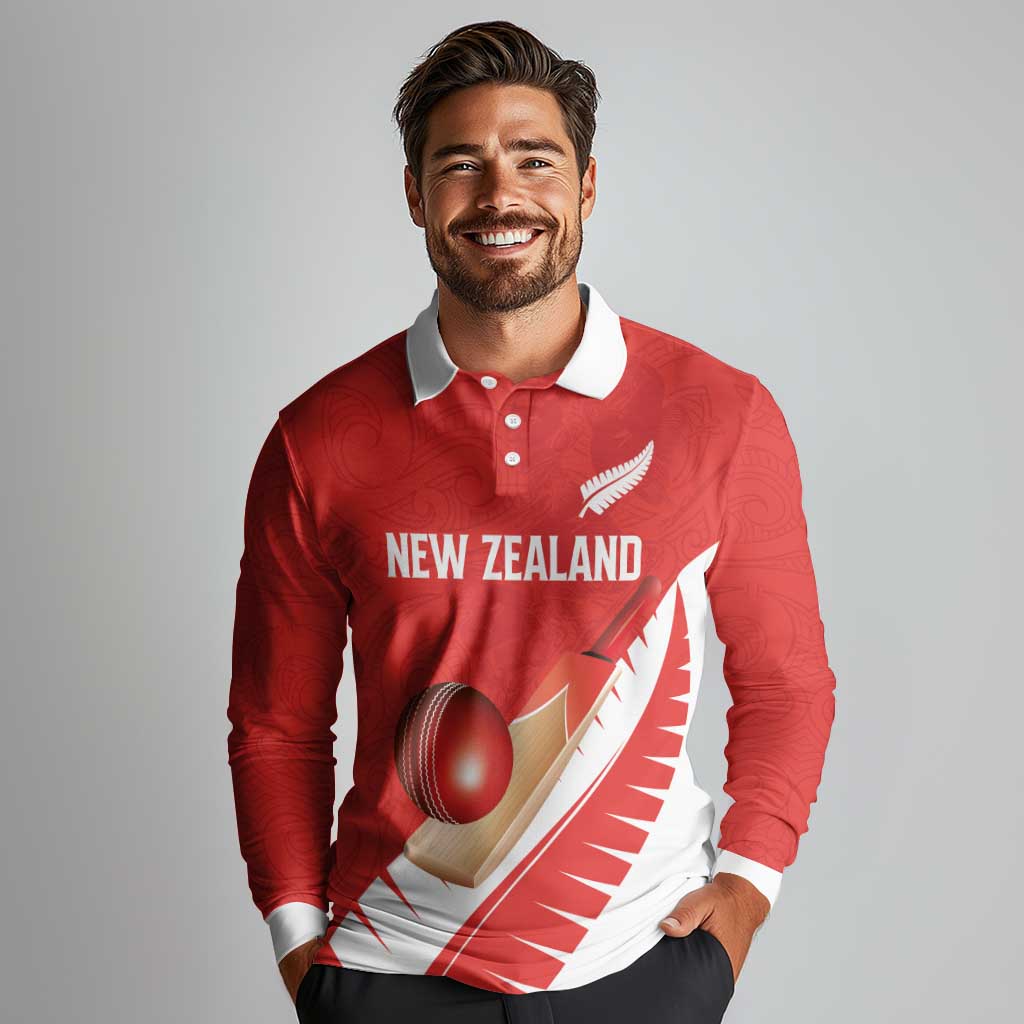 Custom New Zealand Cricket Long Sleeve Polo Shirt Kiwi Birds Haka Dance Red Fern Sporty Style