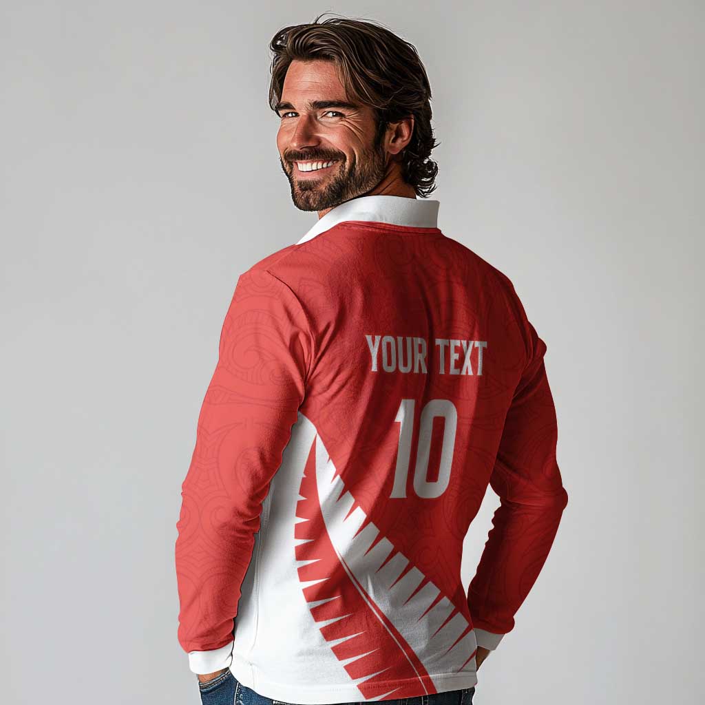 Custom New Zealand Cricket Long Sleeve Polo Shirt Kiwi Birds Haka Dance Red Fern Sporty Style