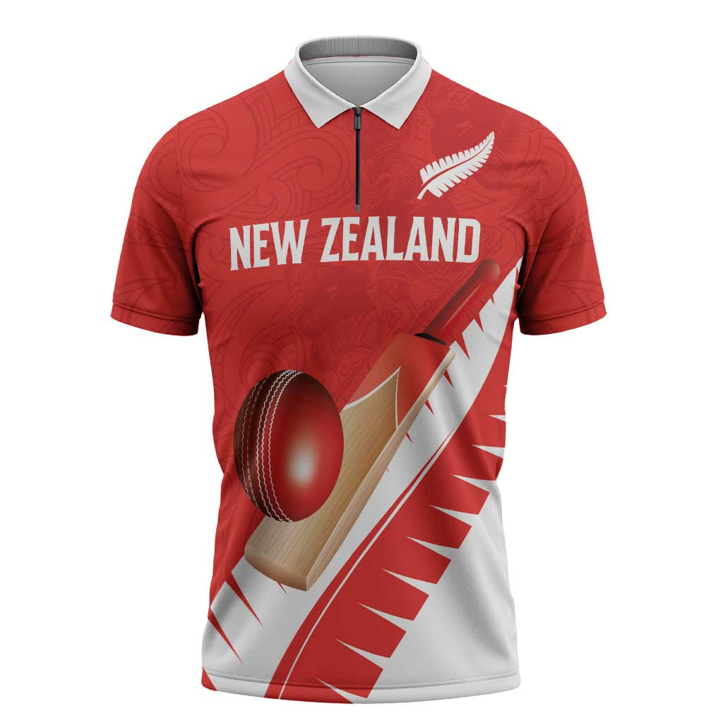 Custom New Zealand Cricket Zipper Polo Shirt Kiwi Birds Haka Dance Red Fern Sporty Style