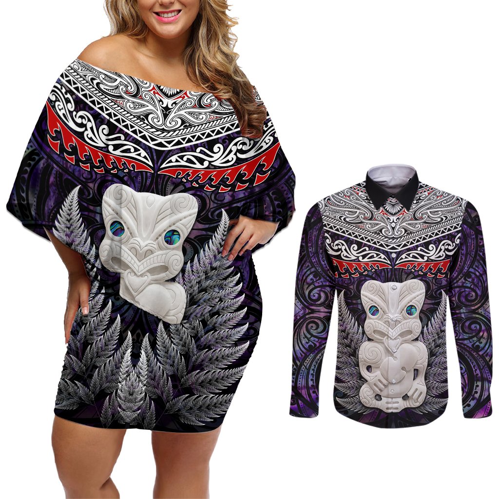 New Zealand Hei Tiki Couples Matching Off Shoulder Short Dress and Long Sleeve Button Shirt Maori Purple Papua Shell Pattern LT03 Purple - Polynesian Pride