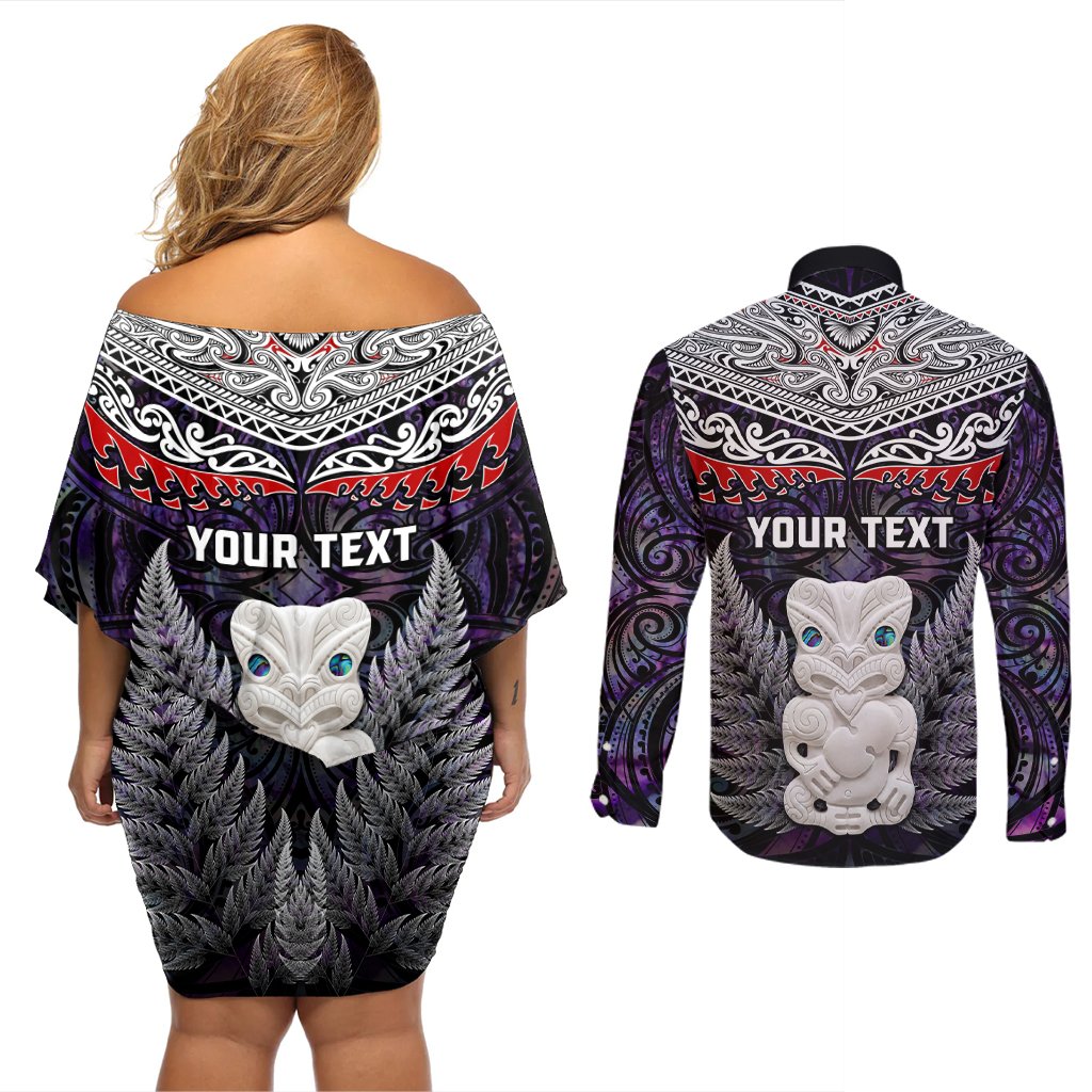 New Zealand Hei Tiki Couples Matching Off Shoulder Short Dress and Long Sleeve Button Shirt Maori Purple Papua Shell Pattern LT03 - Polynesian Pride