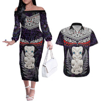 New Zealand Hei Tiki Couples Matching Off The Shoulder Long Sleeve Dress and Hawaiian Shirt Maori Purple Papua Shell Pattern LT03 Purple - Polynesian Pride