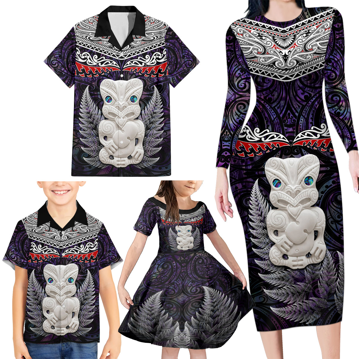 New Zealand Hei Tiki Family Matching Long Sleeve Bodycon Dress and Hawaiian Shirt Maori Purple Papua Shell Pattern LT03 - Polynesian Pride