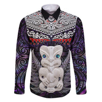 New Zealand Hei Tiki Family Matching Mermaid Dress and Hawaiian Shirt Maori Purple Papua Shell Pattern LT03 Dad's Shirt - Long Sleeve Purple - Polynesian Pride