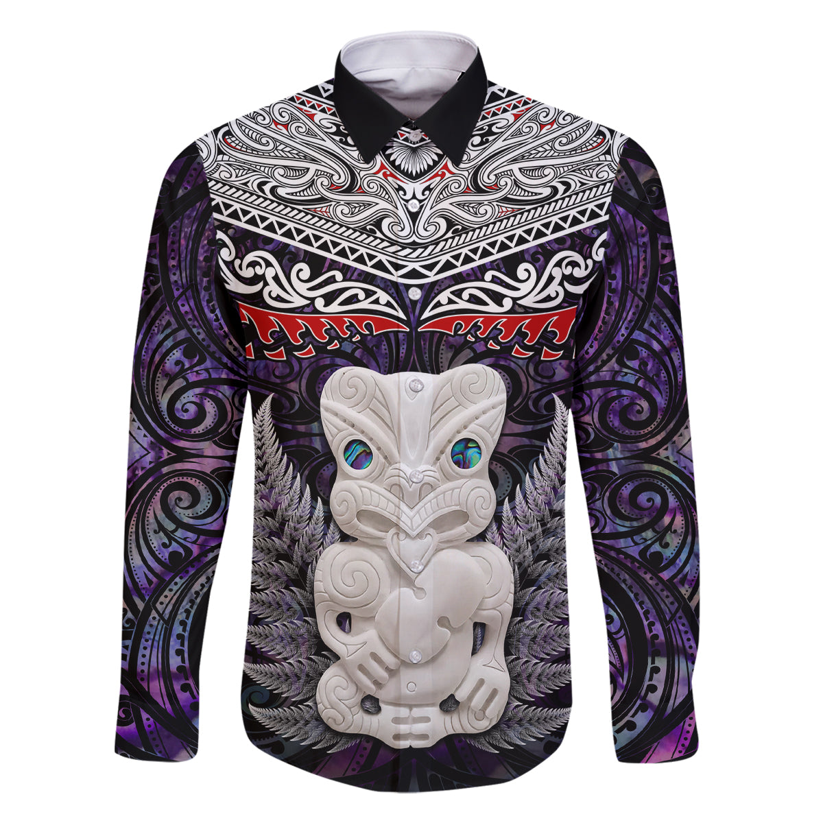 New Zealand Hei Tiki Family Matching Off Shoulder Short Dress and Hawaiian Shirt Maori Purple Papua Shell Pattern LT03 Dad's Shirt - Long Sleeve Purple - Polynesian Pride