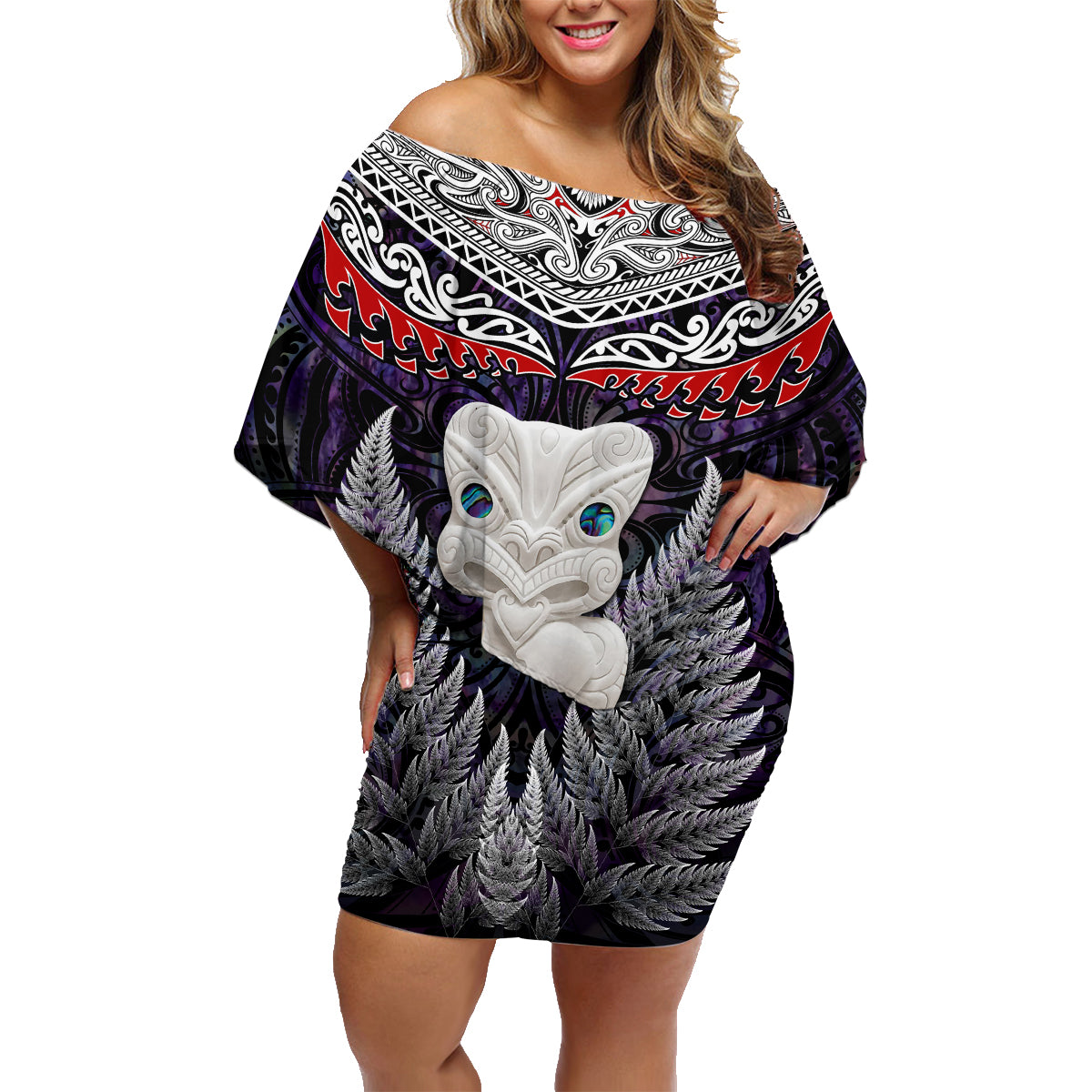 New Zealand Hei Tiki Family Matching Off Shoulder Short Dress and Hawaiian Shirt Maori Purple Papua Shell Pattern LT03 Mom's Dress Purple - Polynesian Pride
