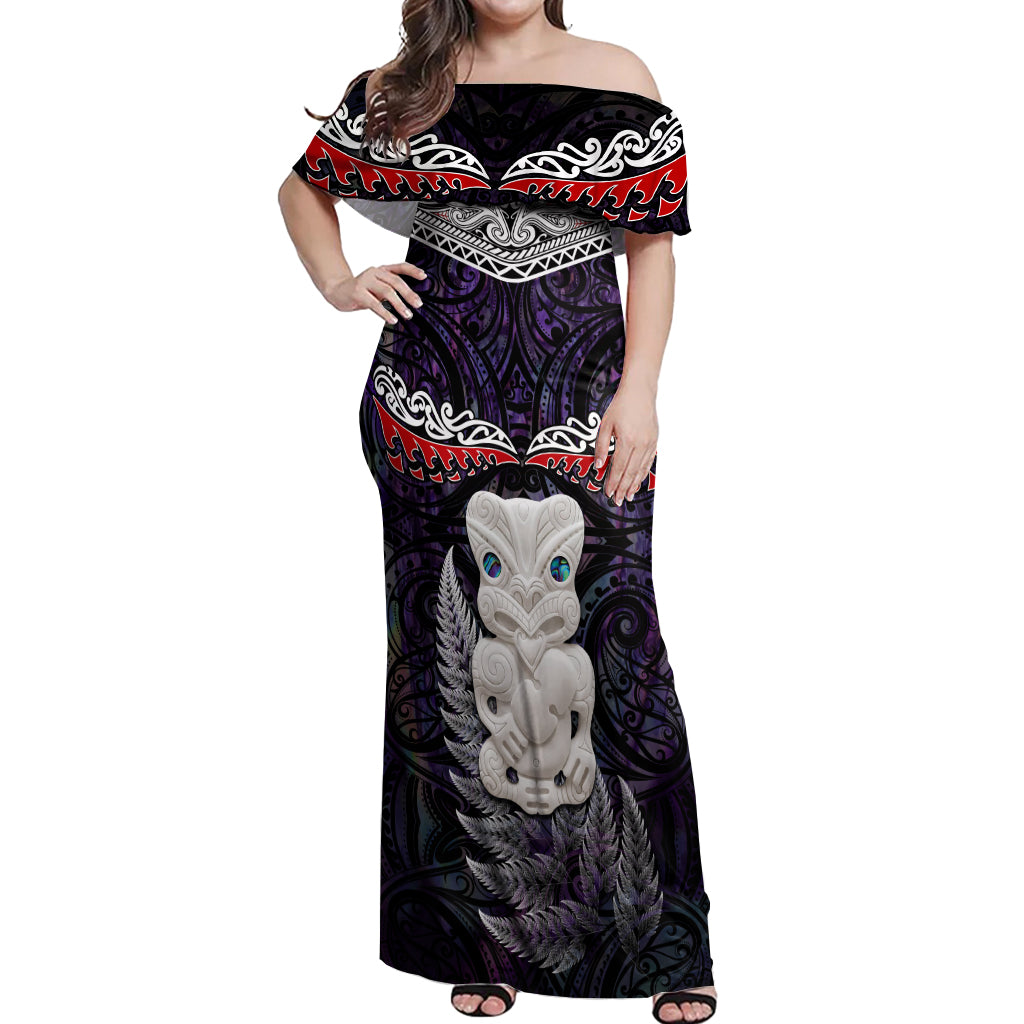 New Zealand Hei Tiki Off Shoulder Maxi Dress Maori Purple Papua Shell Pattern LT03 Women Purple - Polynesian Pride