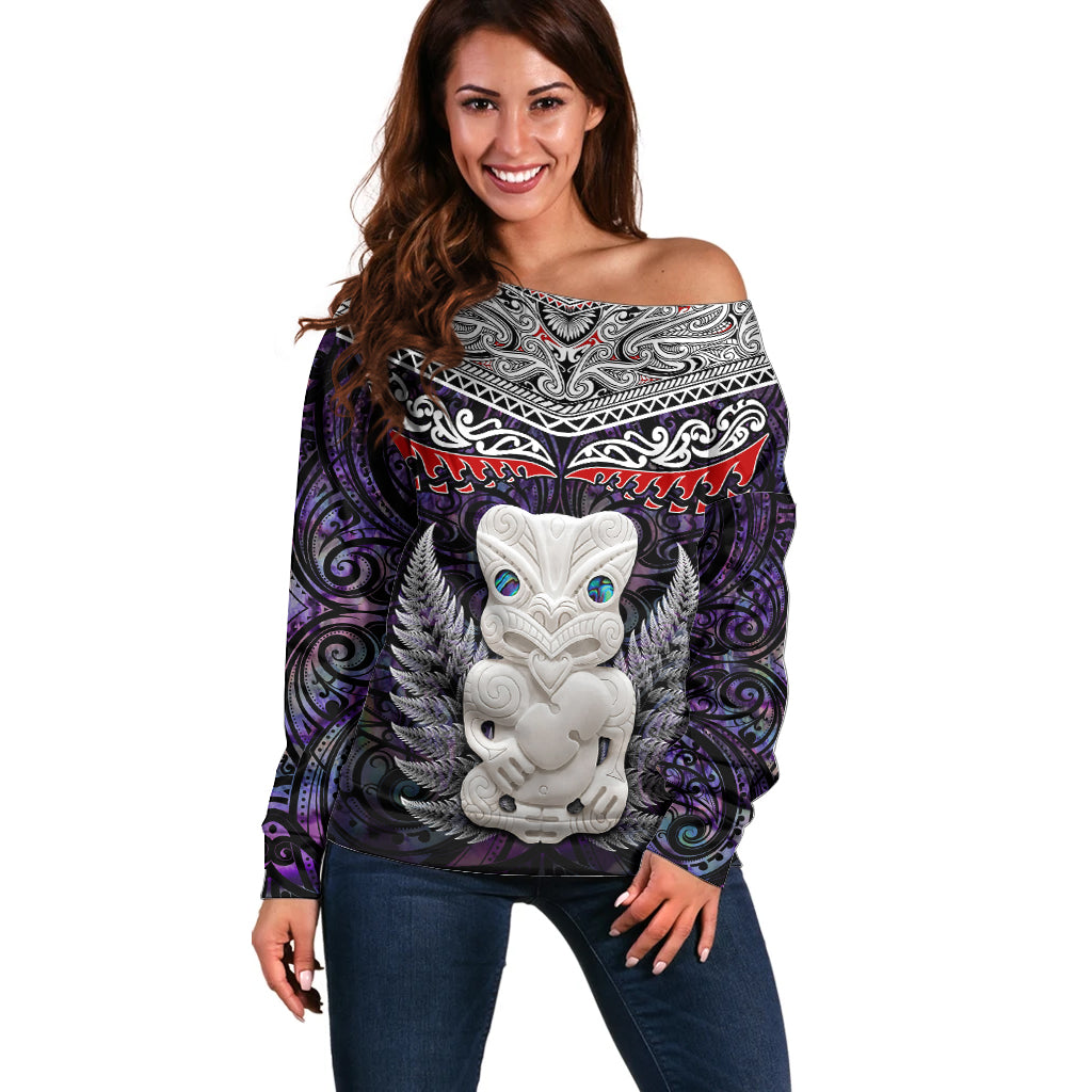 New Zealand Hei Tiki Off Shoulder Sweater Maori Purple Papua Shell Pattern LT03 Women Purple - Polynesian Pride