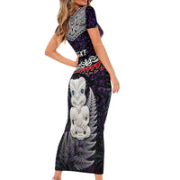 New Zealand Hei Tiki Short Sleeve Bodycon Dress Maori Purple Papua Shell Pattern LT03 - Polynesian Pride