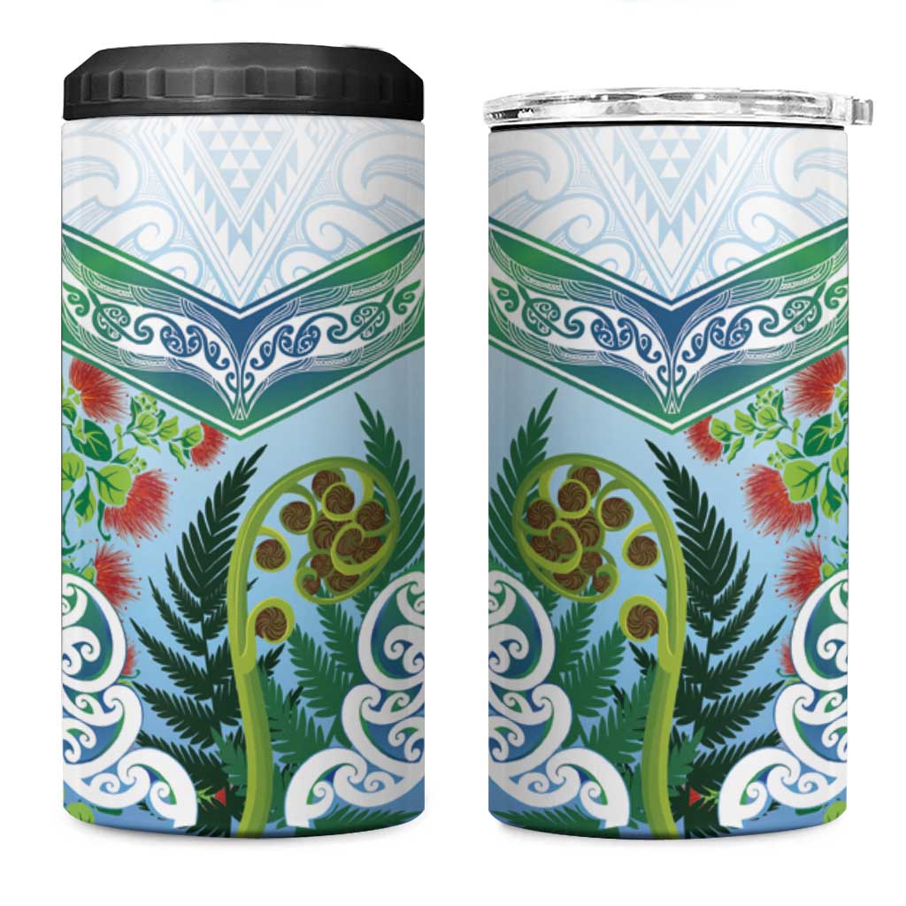 Aotearoa New Zealand Natural Plants 4 in 1 Can Cooler Tumbler Pohutukawa with Silver Ferns Koru Frond Maori Tattoos