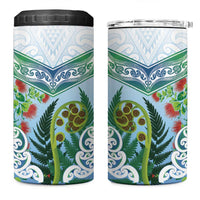 Aotearoa New Zealand Natural Plants 4 in 1 Can Cooler Tumbler Pohutukawa with Silver Ferns Koru Frond Maori Tattoos