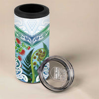 Aotearoa New Zealand Natural Plants 4 in 1 Can Cooler Tumbler Pohutukawa with Silver Ferns Koru Frond Maori Tattoos