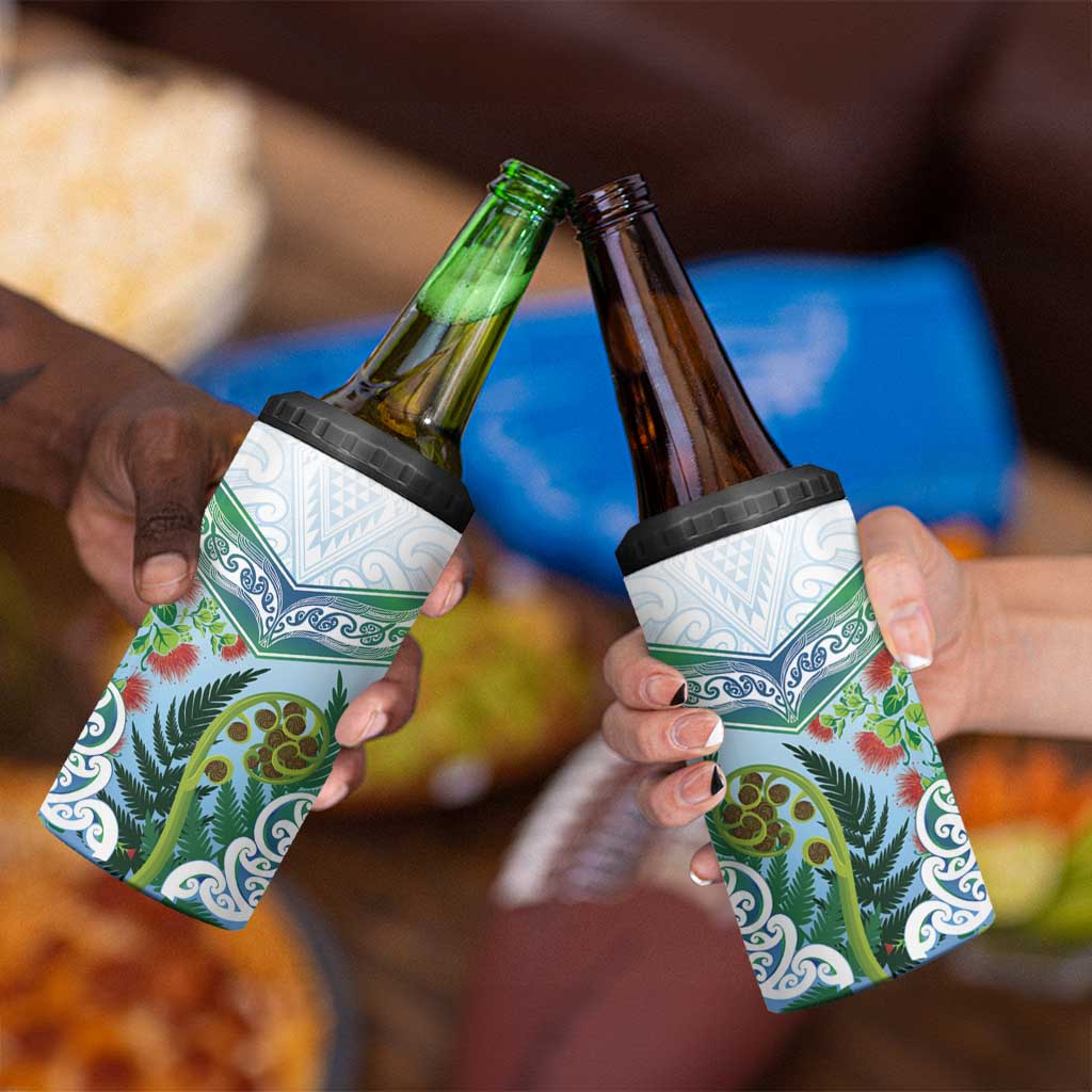 Aotearoa New Zealand Natural Plants 4 in 1 Can Cooler Tumbler Pohutukawa with Silver Ferns Koru Frond Maori Tattoos