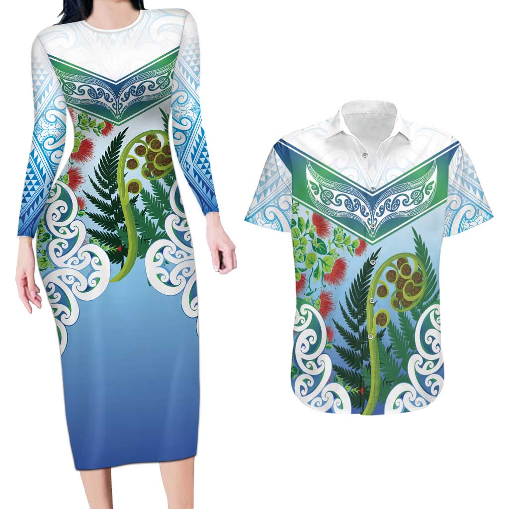 Aotearoa New Zealand Natural Plants Couples Matching Long Sleeve Bodycon Dress and Hawaiian Shirt Pohutukawa with Silver Ferns Koru Frond Maori Tattoos