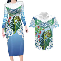 Aotearoa New Zealand Natural Plants Couples Matching Long Sleeve Bodycon Dress and Hawaiian Shirt Pohutukawa with Silver Ferns Koru Frond Maori Tattoos