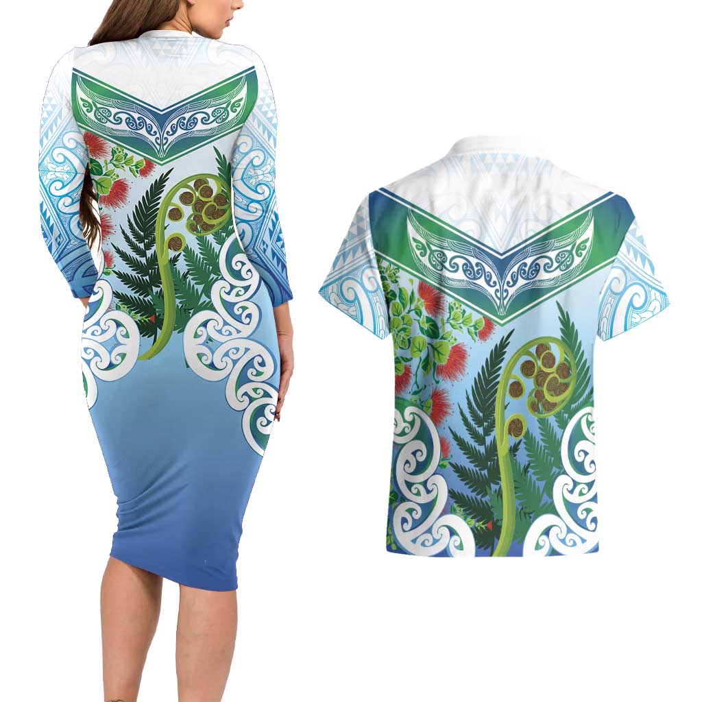 Aotearoa New Zealand Natural Plants Couples Matching Long Sleeve Bodycon Dress and Hawaiian Shirt Pohutukawa with Silver Ferns Koru Frond Maori Tattoos