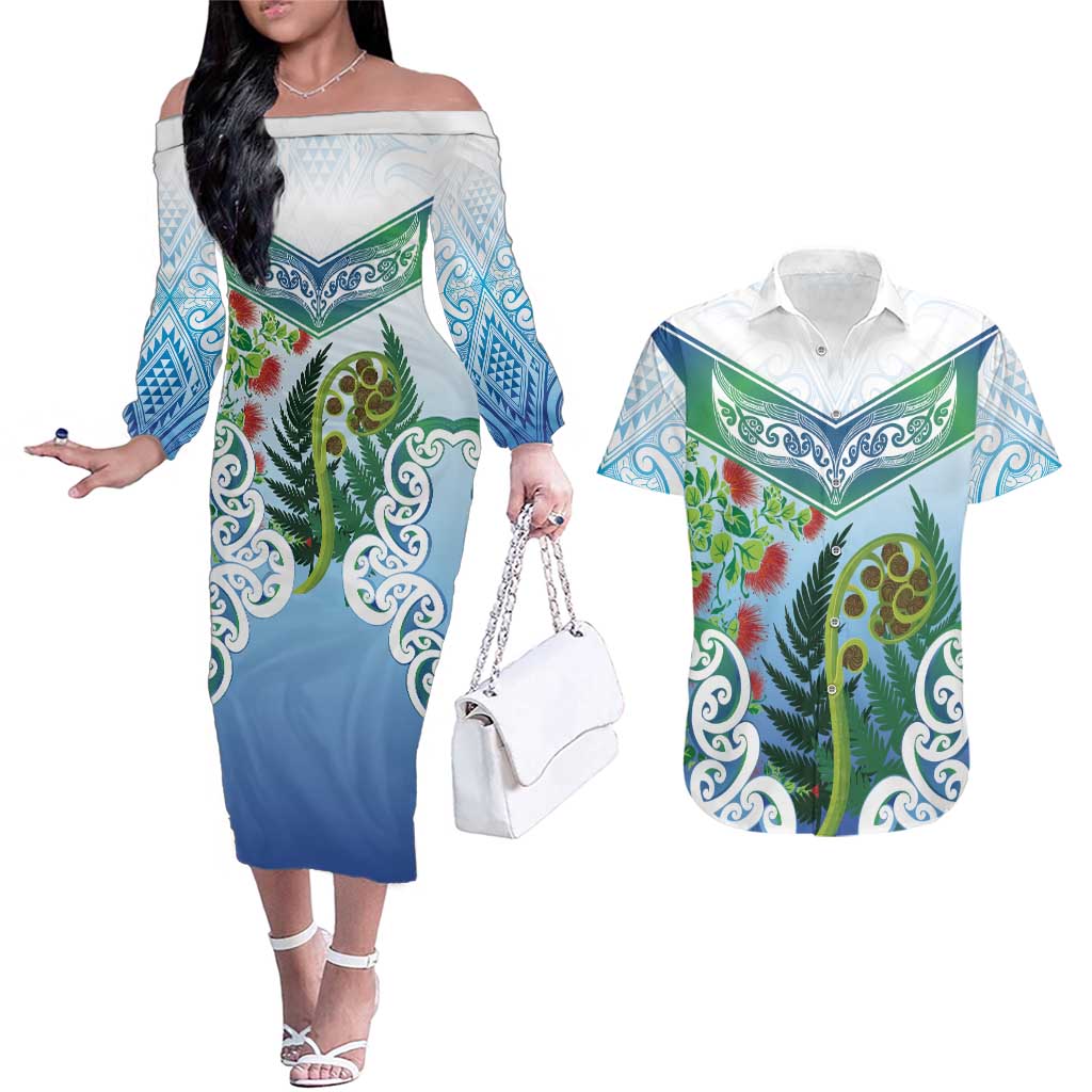 Aotearoa New Zealand Natural Plants Couples Matching Off The Shoulder Long Sleeve Dress and Hawaiian Shirt Pohutukawa with Silver Ferns Koru Frond Maori Tattoos