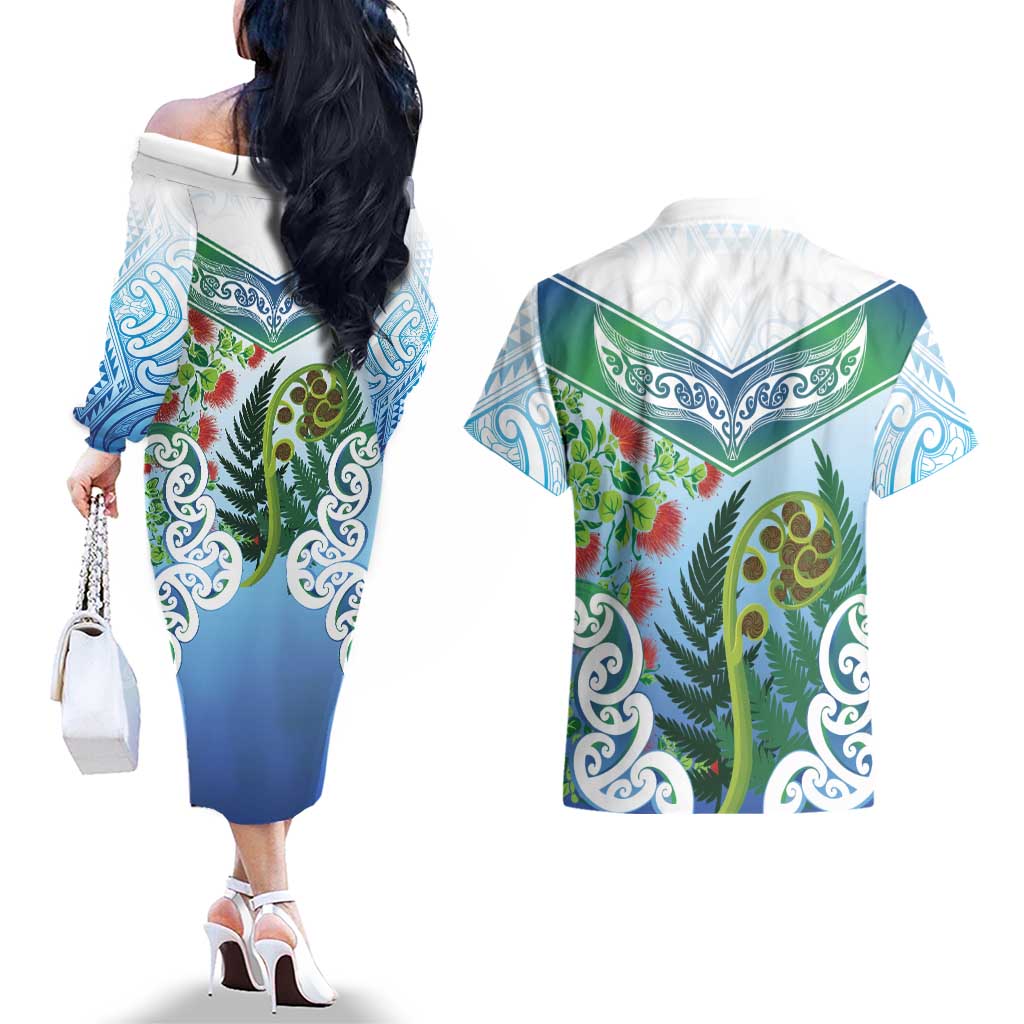 Aotearoa New Zealand Natural Plants Couples Matching Off The Shoulder Long Sleeve Dress and Hawaiian Shirt Pohutukawa with Silver Ferns Koru Frond Maori Tattoos