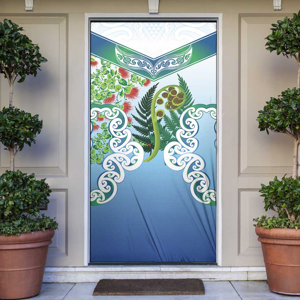 Aotearoa New Zealand Natural Plants Door Cover Pohutukawa with Silver Ferns Koru Frond Maori Tattoos
