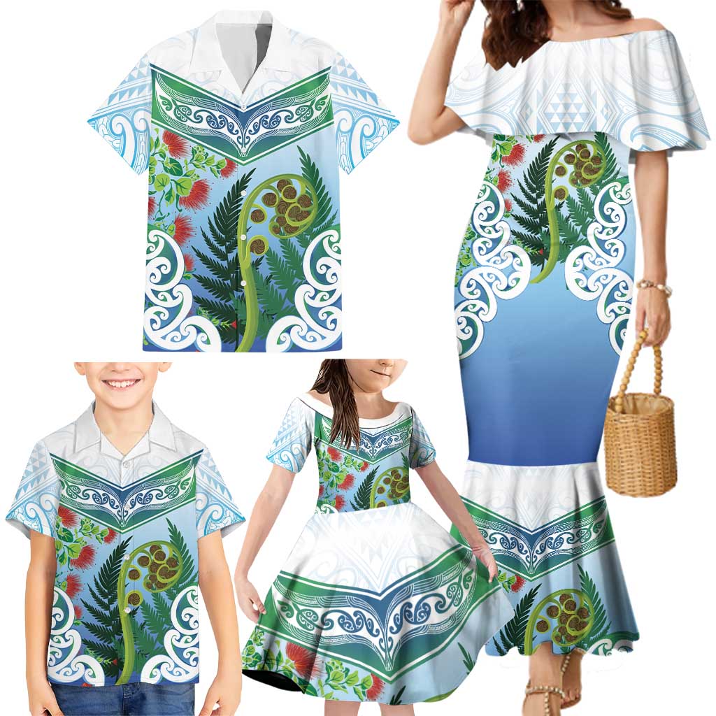 Aotearoa New Zealand Natural Plants Family Matching Mermaid Dress and Hawaiian Shirt Pohutukawa with Silver Ferns Koru Frond Maori Tattoos