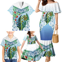 Aotearoa New Zealand Natural Plants Family Matching Mermaid Dress and Hawaiian Shirt Pohutukawa with Silver Ferns Koru Frond Maori Tattoos