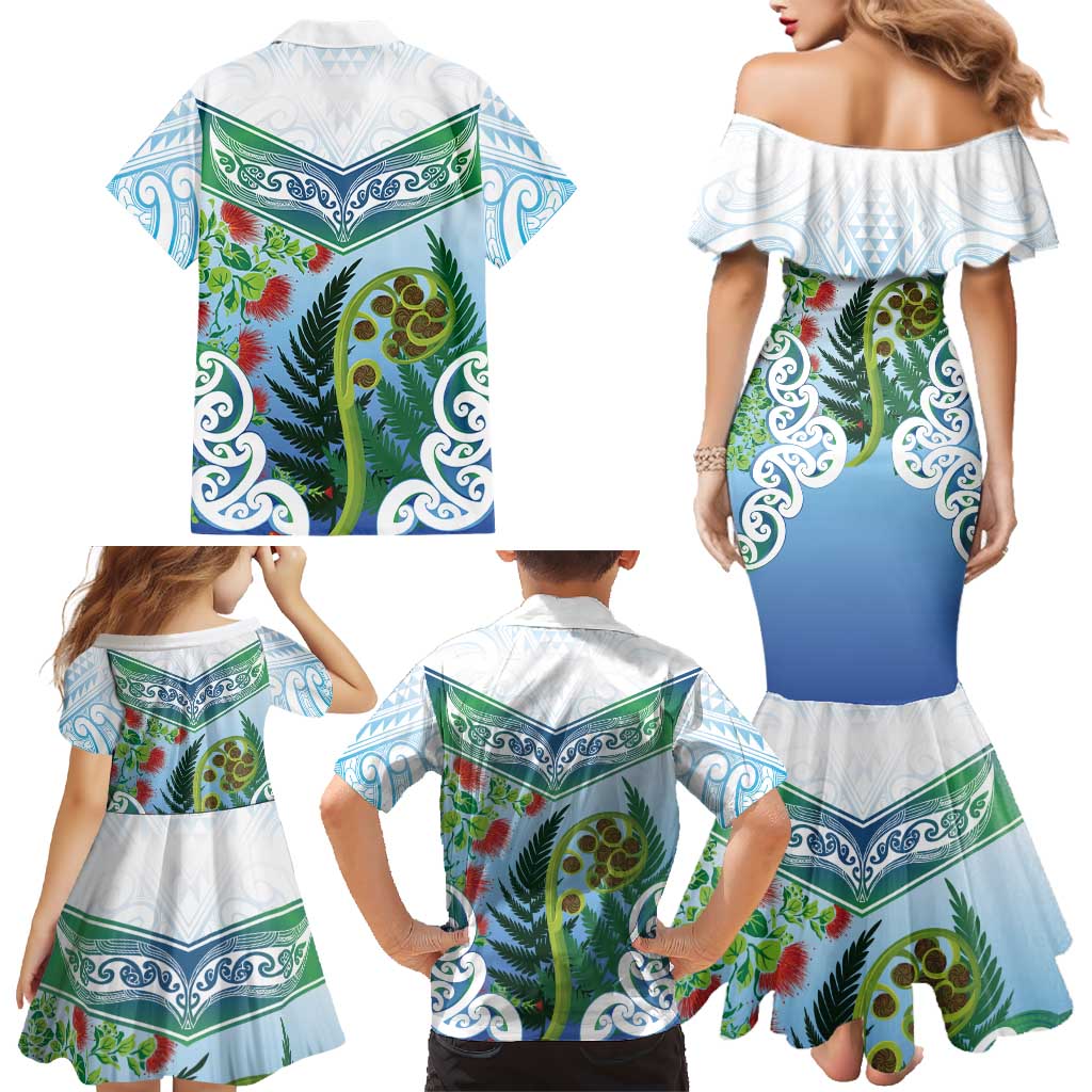 Aotearoa New Zealand Natural Plants Family Matching Mermaid Dress and Hawaiian Shirt Pohutukawa with Silver Ferns Koru Frond Maori Tattoos