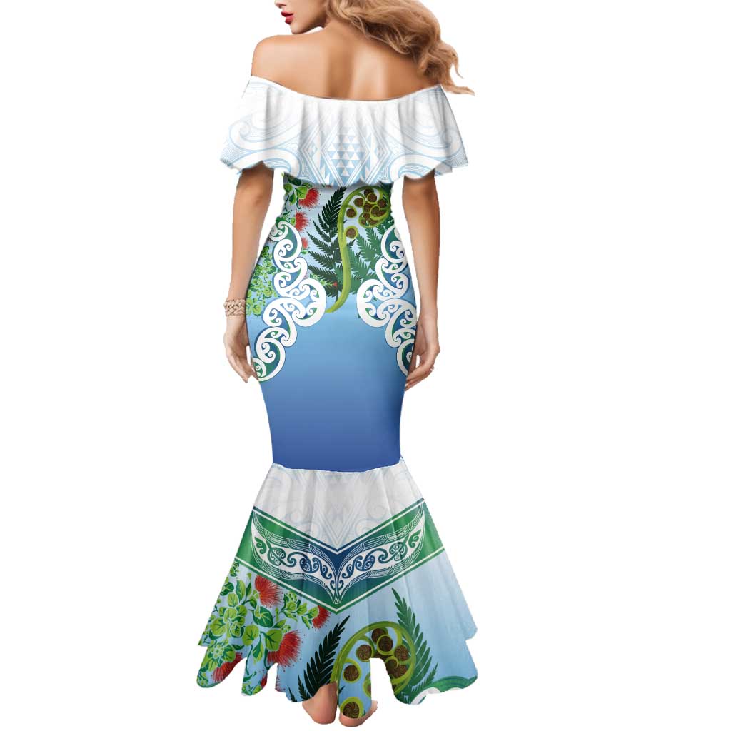 Aotearoa New Zealand Natural Plants Family Matching Mermaid Dress and Hawaiian Shirt Pohutukawa with Silver Ferns Koru Frond Maori Tattoos