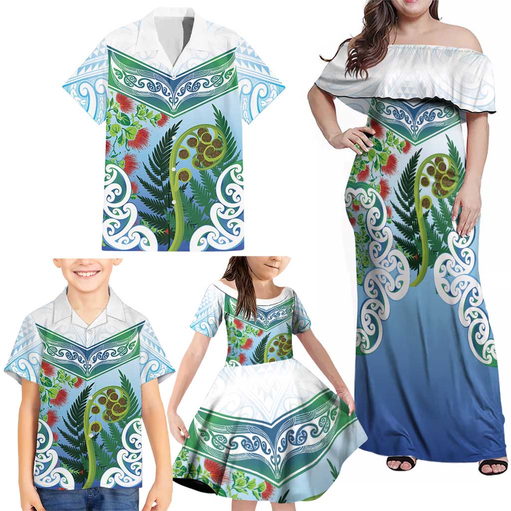 Aotearoa New Zealand Natural Plants Family Matching Off Shoulder Maxi Dress and Hawaiian Shirt Pohutukawa with Silver Ferns Koru Frond Maori Tattoos LT03 - Polynesian Pride