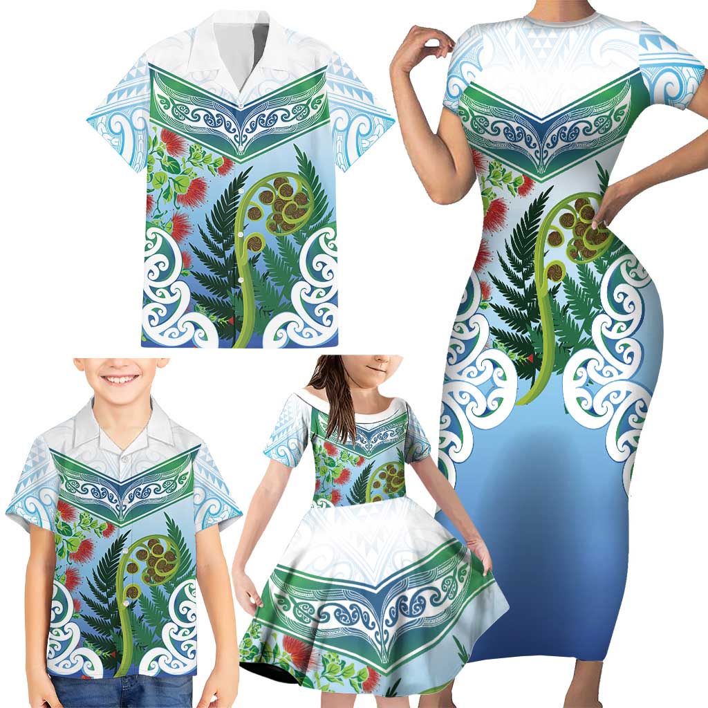Aotearoa New Zealand Natural Plants Family Matching Short Sleeve Bodycon Dress and Hawaiian Shirt Pohutukawa with Silver Ferns Koru Frond Maori Tattoos