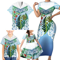 Aotearoa New Zealand Natural Plants Family Matching Short Sleeve Bodycon Dress and Hawaiian Shirt Pohutukawa with Silver Ferns Koru Frond Maori Tattoos