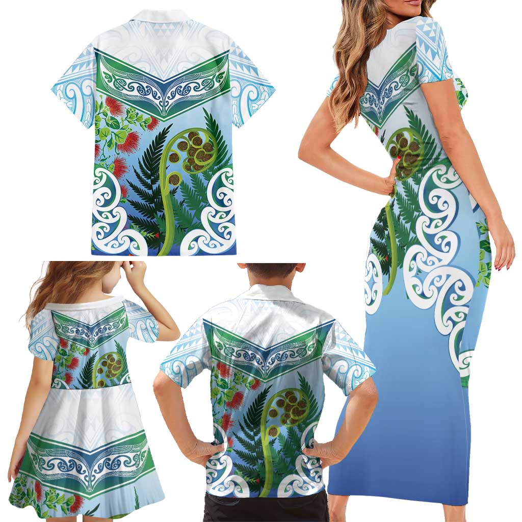 Aotearoa New Zealand Natural Plants Family Matching Short Sleeve Bodycon Dress and Hawaiian Shirt Pohutukawa with Silver Ferns Koru Frond Maori Tattoos