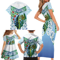 Aotearoa New Zealand Natural Plants Family Matching Short Sleeve Bodycon Dress and Hawaiian Shirt Pohutukawa with Silver Ferns Koru Frond Maori Tattoos