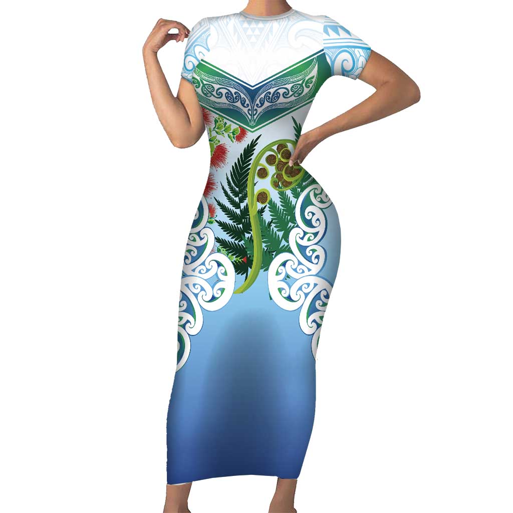 Aotearoa New Zealand Natural Plants Family Matching Short Sleeve Bodycon Dress and Hawaiian Shirt Pohutukawa with Silver Ferns Koru Frond Maori Tattoos