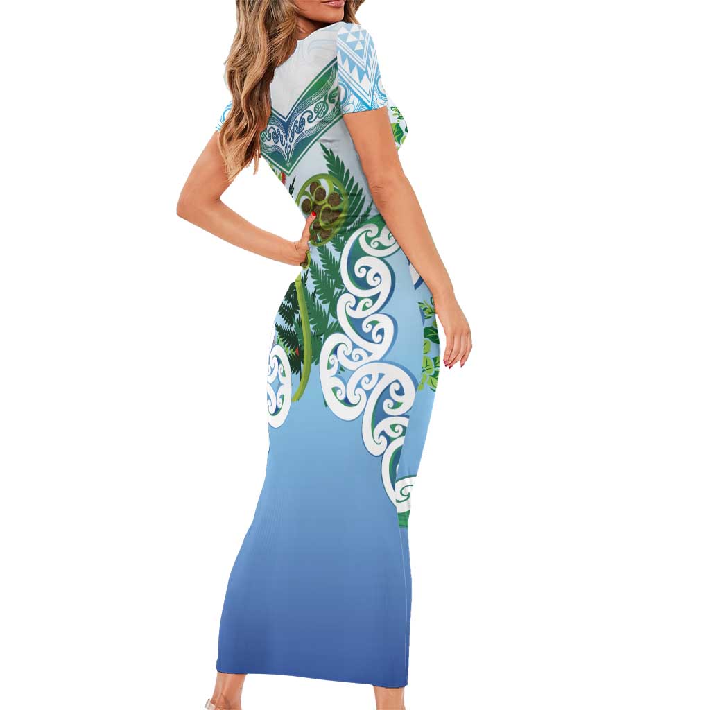 Aotearoa New Zealand Natural Plants Family Matching Short Sleeve Bodycon Dress and Hawaiian Shirt Pohutukawa with Silver Ferns Koru Frond Maori Tattoos